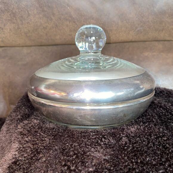 Vintage Authentic Dorothy Thorpe Covered Candy Trinkets Glass Dish Silver Band - Picture 1 of 5